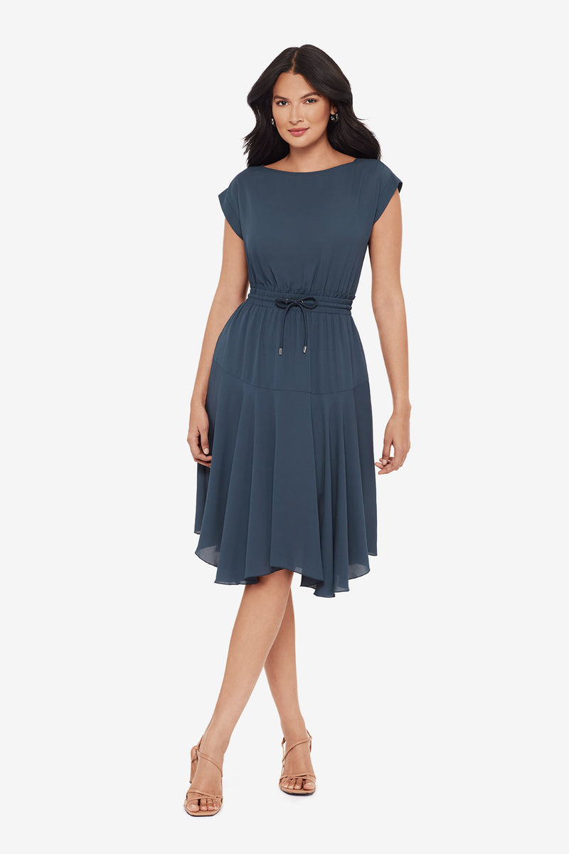 georgette knee length dress Women's Blue Georgette Solid knee Length Dress