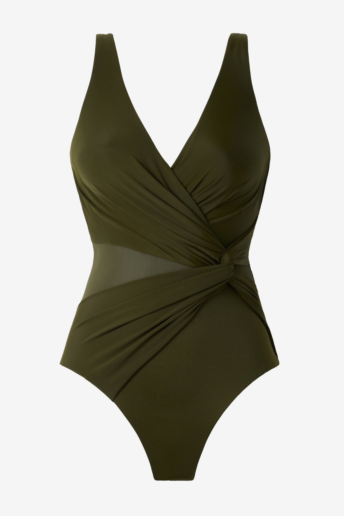 Nori green one-piece swimsuit with a mesh cut out on the left side