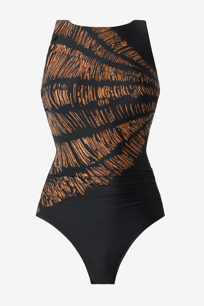 Black and brown printed one-piece swimsuit with a high neckline