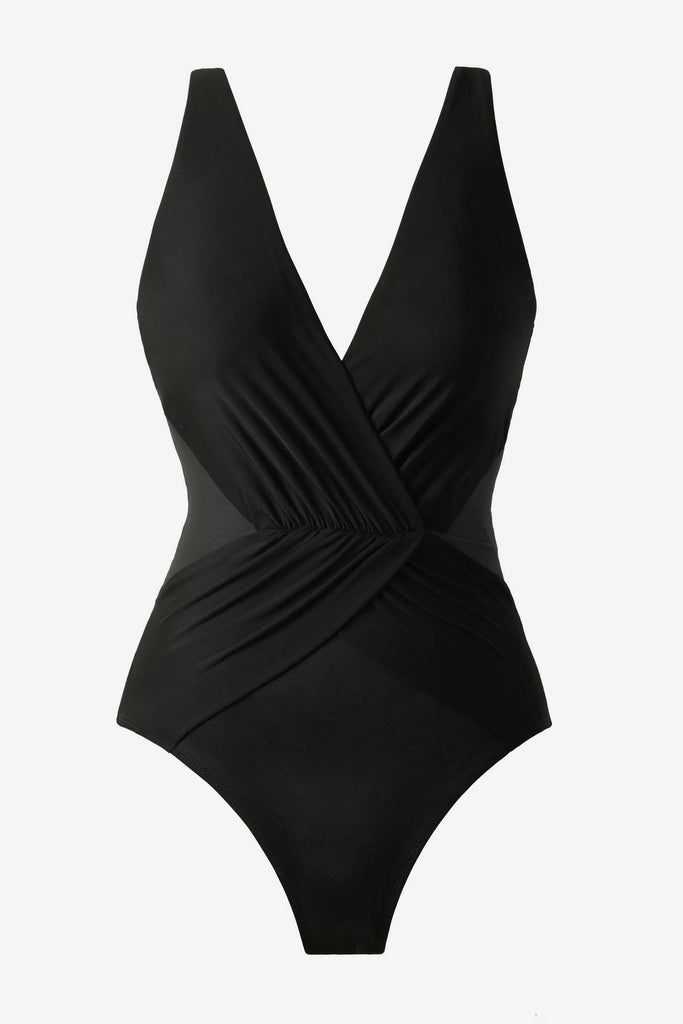Black one-piece swimsuit with a V neckline