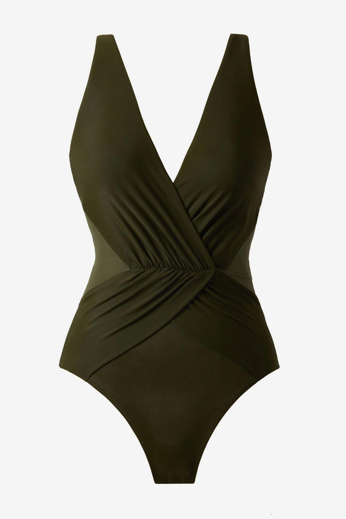 Green one-piece swimsuit with a V neckline