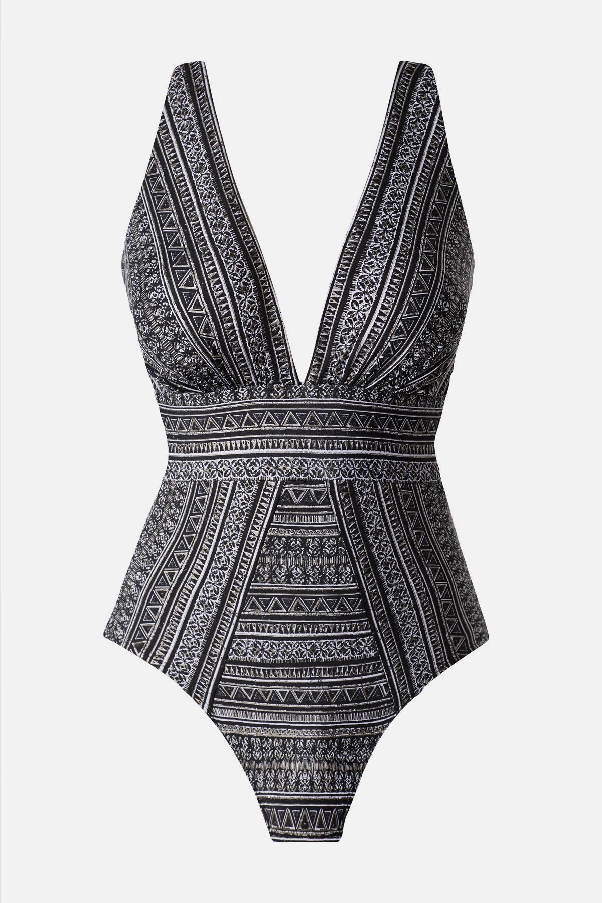 Black and white geometric pattern one-piece swimsuit with V neckline