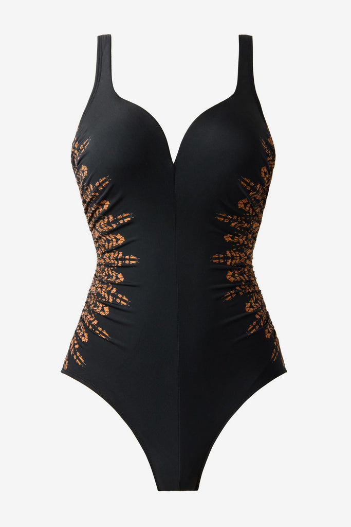 Black one-piece swimsuit with brown streaking on each side