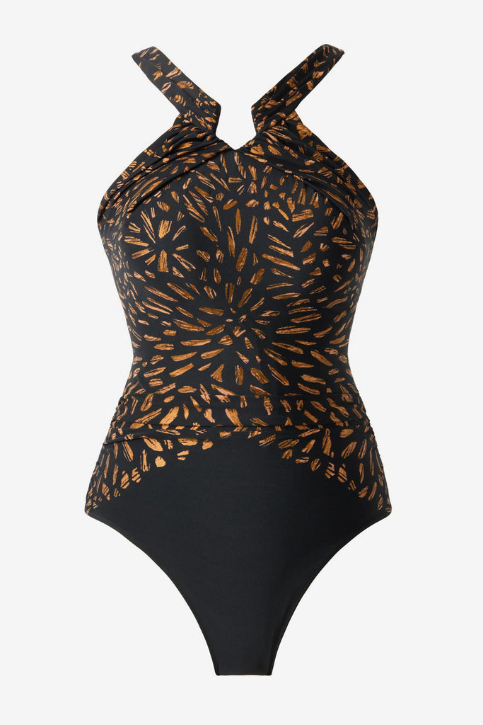 Black and brown printed one-piece swimsuit with a high neckline
