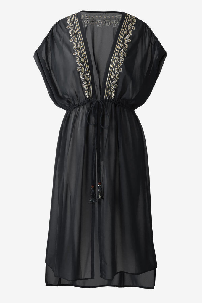 Black kimono swim cover up with embellishments along the opening