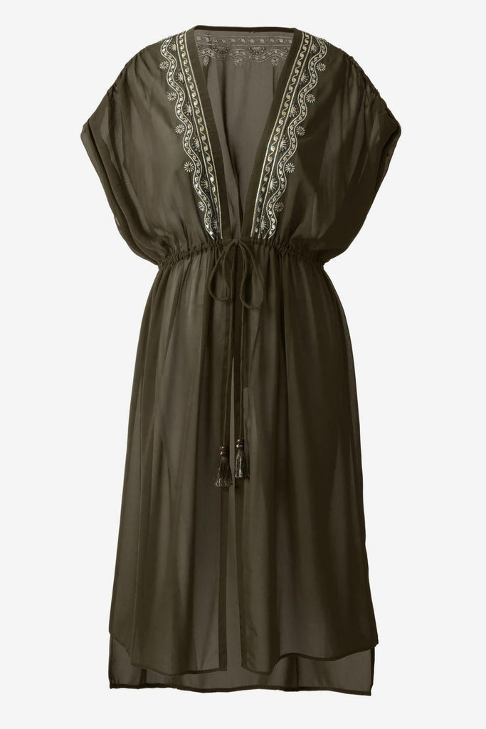 Green kimono swim cover up with embellishments along the opening