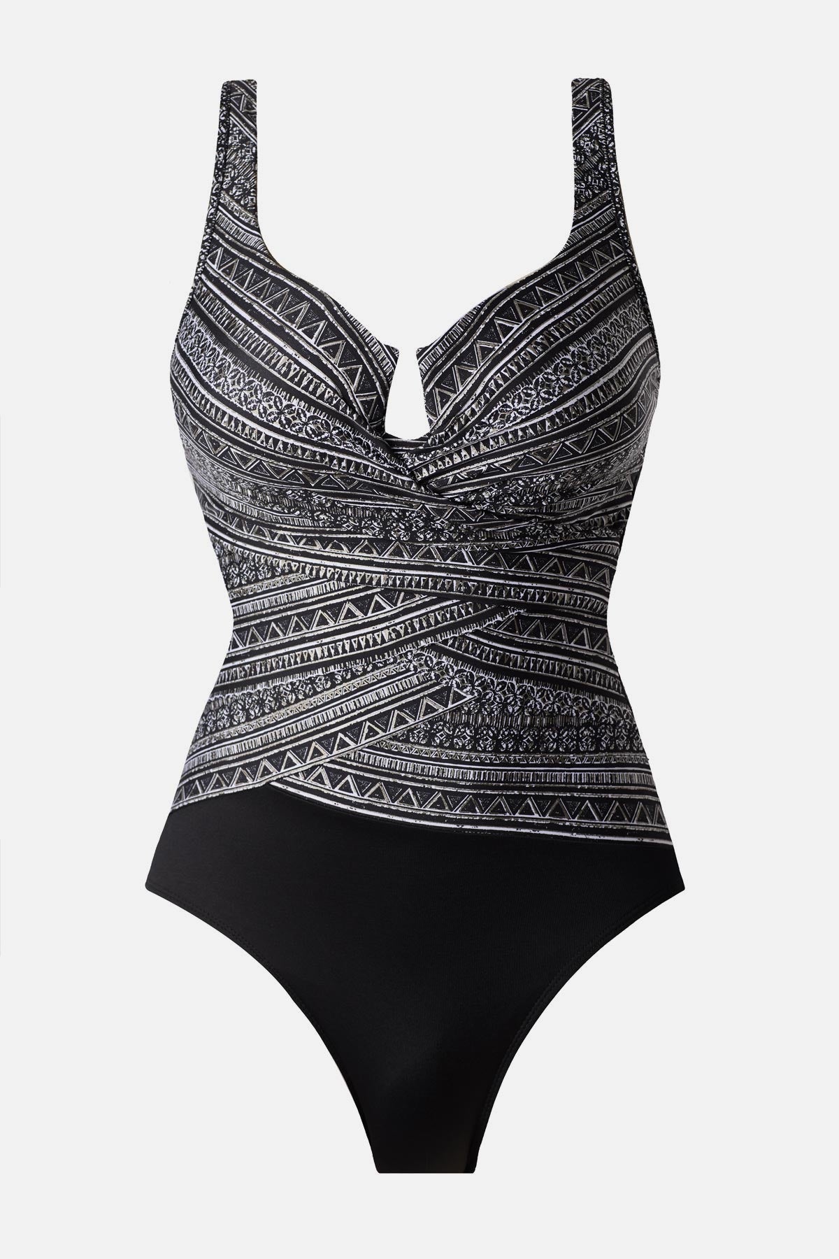 Black and white geometric printed one-piece swimsuit with a sweetheart neckline