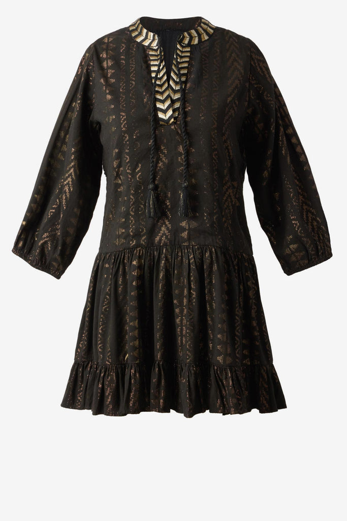 Black pull-over kimono swim dress with gold detailing on the front