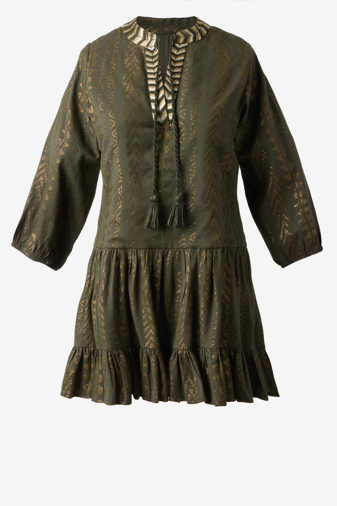 Green pull-over kimono swim dress with gold detailing on the front