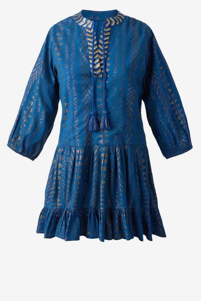 Blue pull-over kimono swim dress with gold detailing on the front