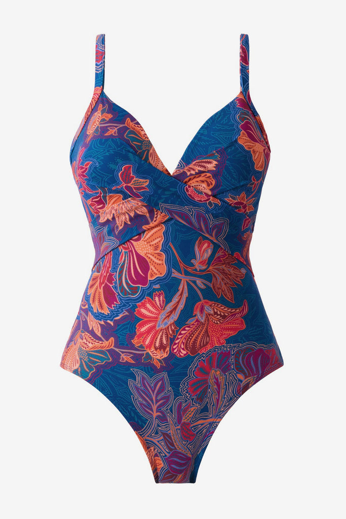 One-piece swimsuit with a red and orange flower print