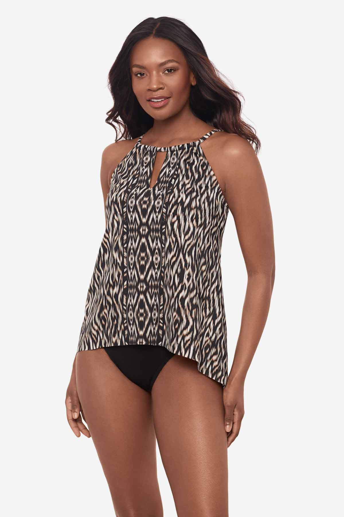 Woman wearing a multicolor tankini top with peephole neckline