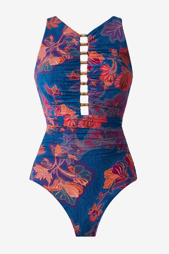 Multicolor red flower print one-piece swimsuit with embellishments down the front