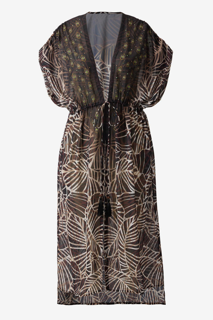 Brown printed kimono swim cover up 