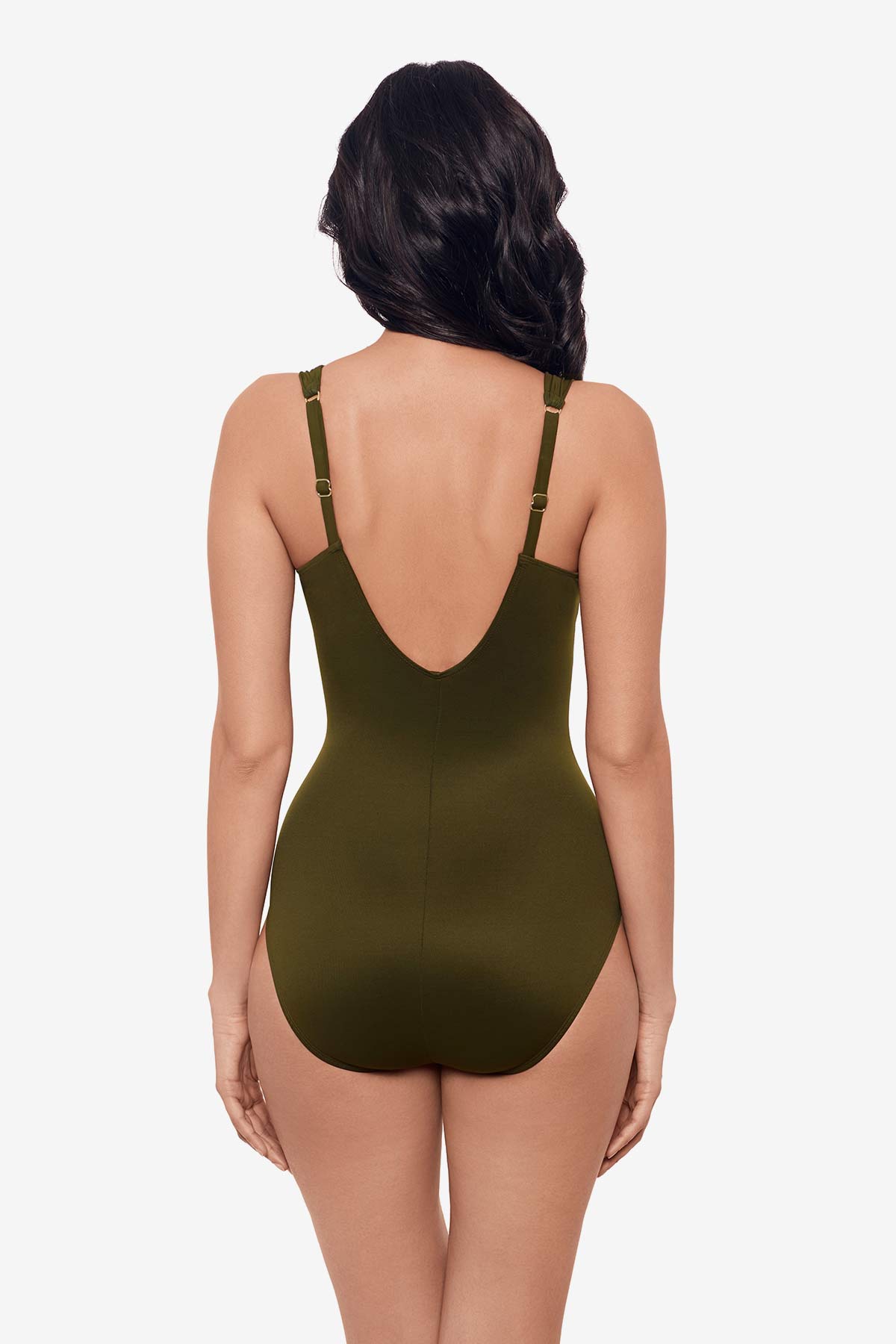 Woman facing away wearing a nori green one-piece swimsuit