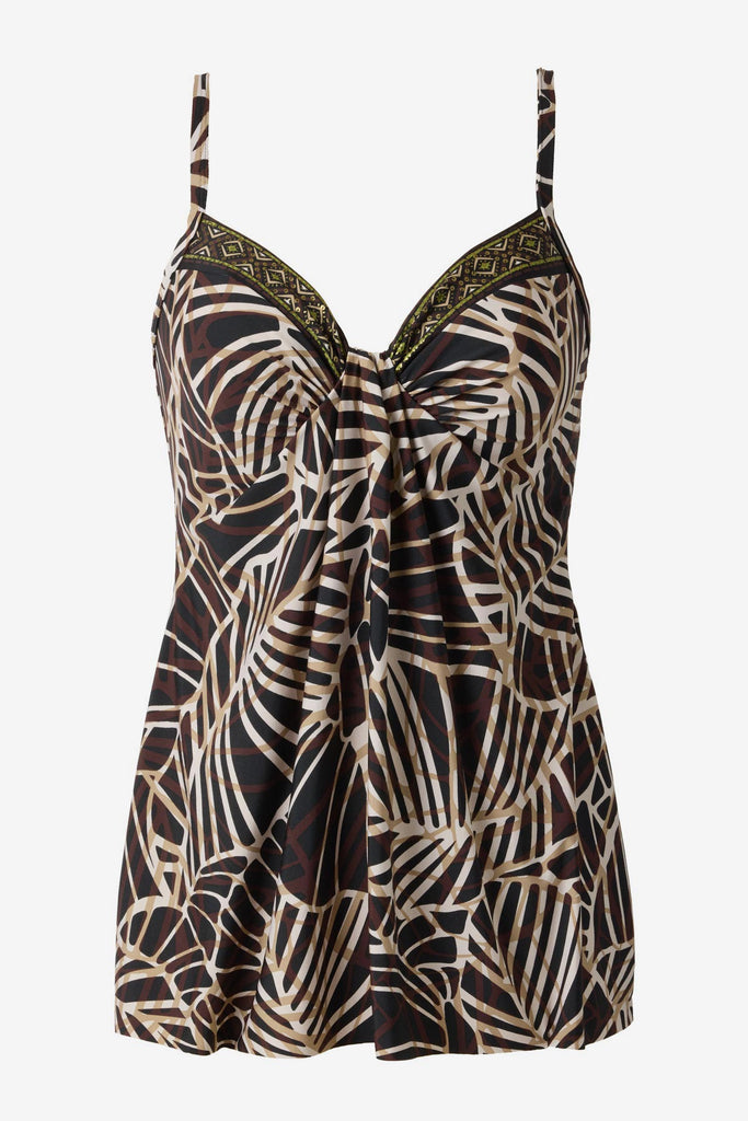 Brown printed tankini top with a detailed print along the neckline