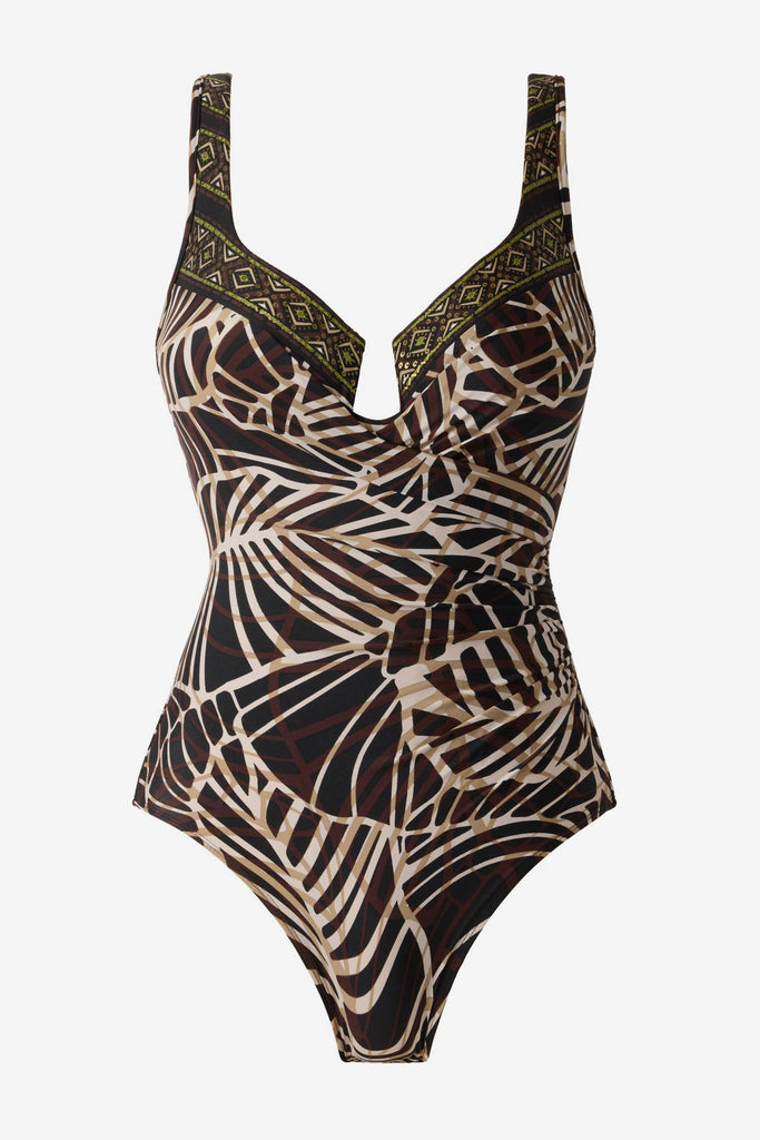 Brown abstract printed one-piece swimsuit with a detailed print on the sweetheart neckline