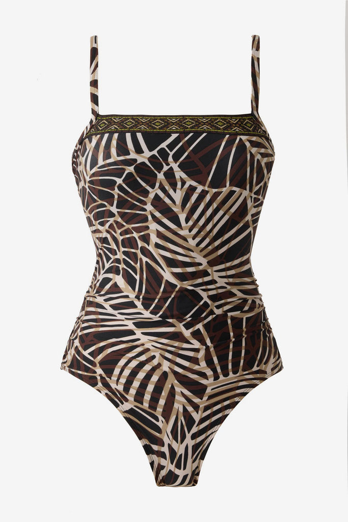 Brown abstract printed one-piece swimsuit with a detailed pattern on the neckline