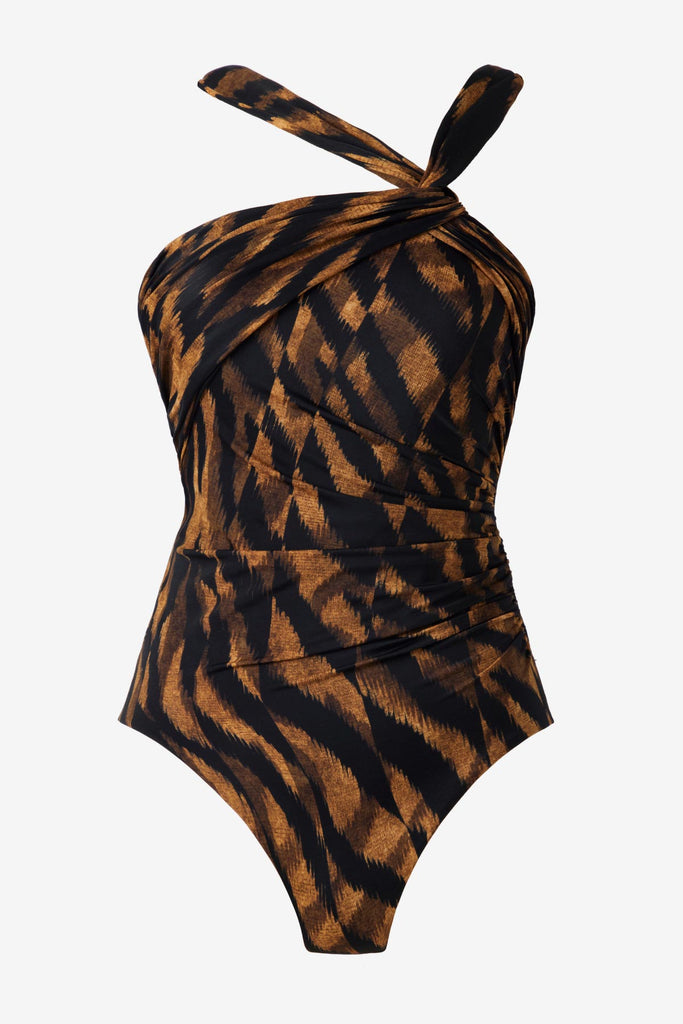 Black and brown printed one-piece swimsuit with asymmetrical tie