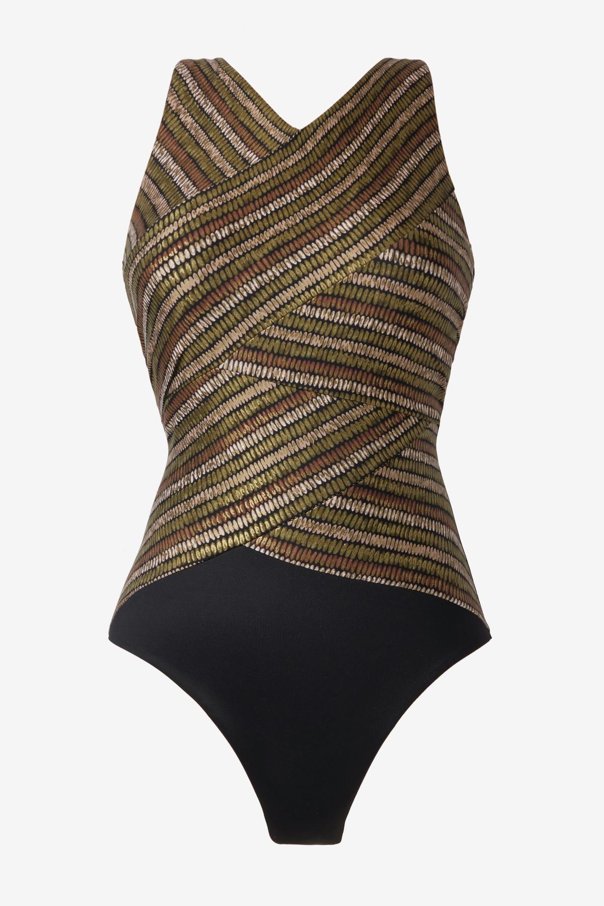 Shimmery golden brown high neck one-piece swimsuit