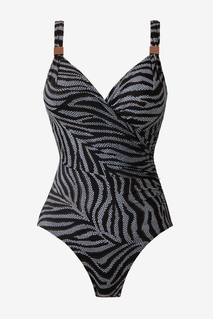 Animal print-esque one-piece swimsuit with embellishments on the straps