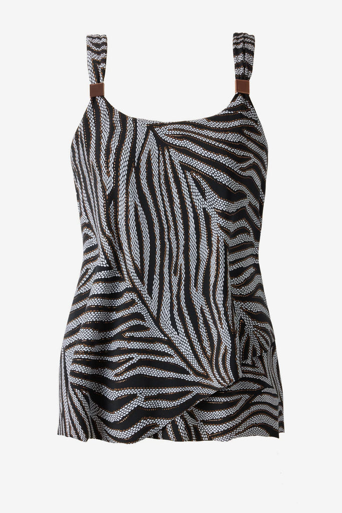 Animal print-esque tankini top with embellishments on the straps
