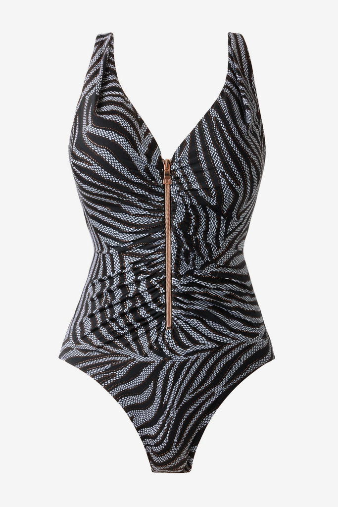Black and white animal print-esque one-piece swimsuit with a zipper down the front