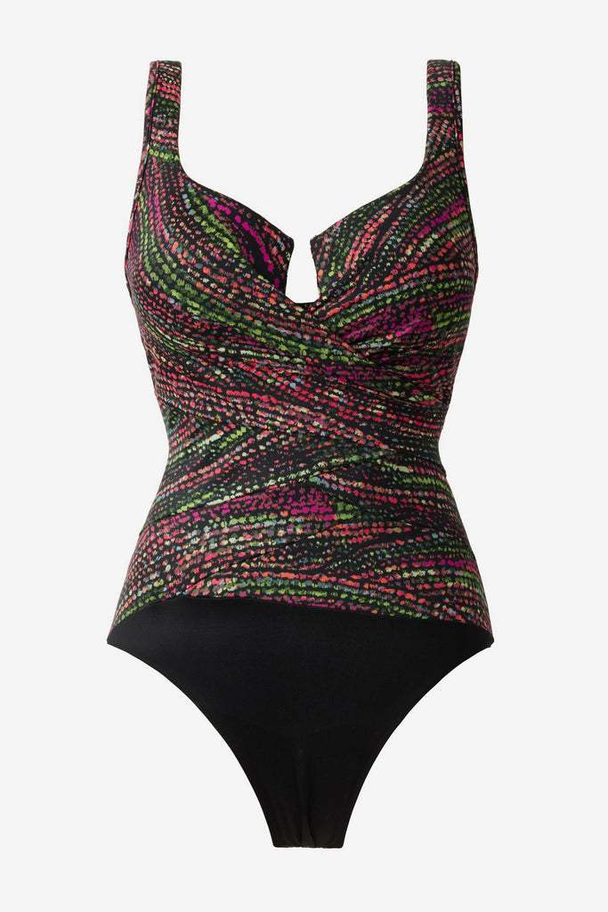 Multicolor one-piece swimsuit with a black panel at the bottom 