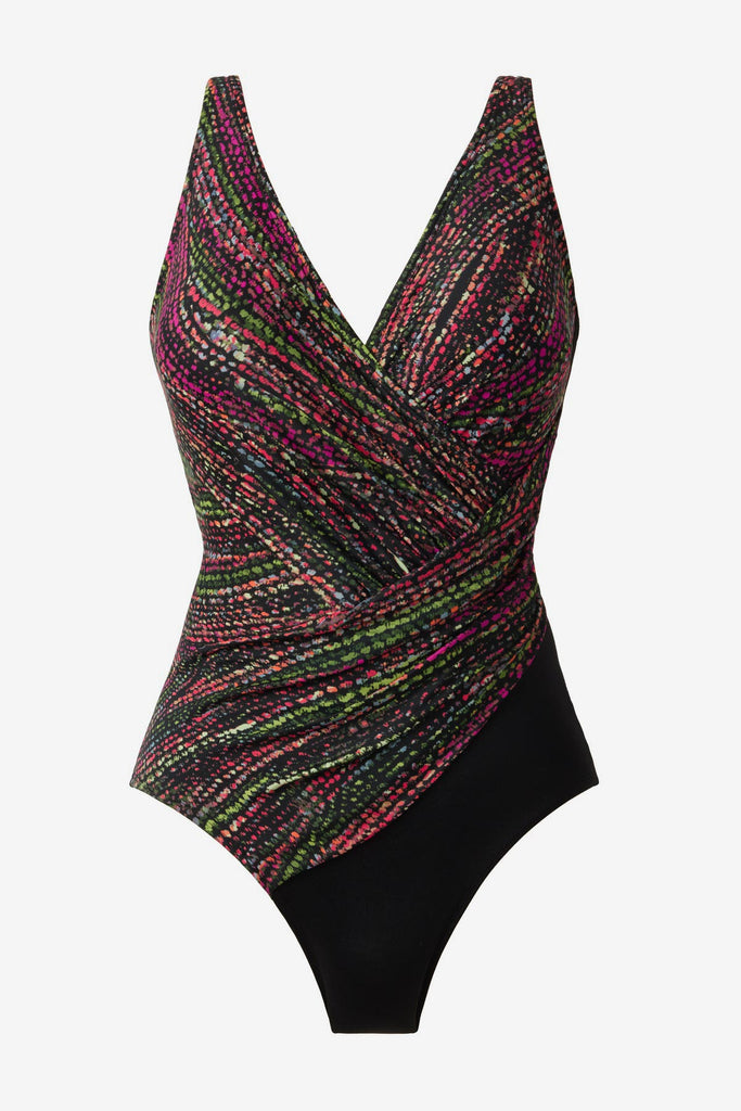Multicolor abstract print one-piece swimsuit with a black panel at the hip