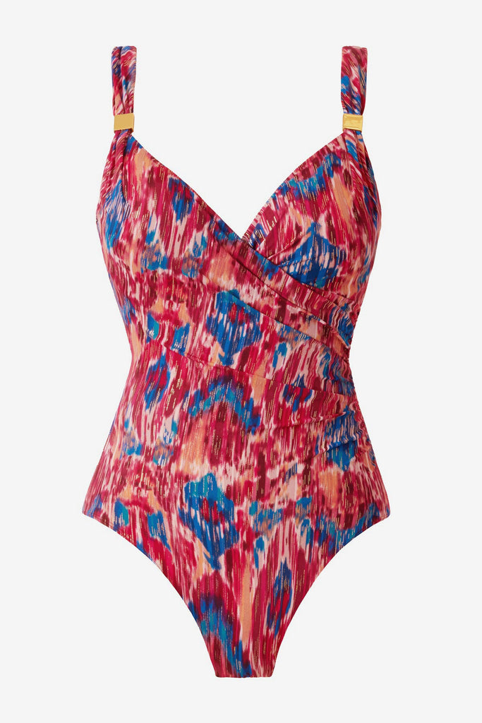 Multicolored one-piece swimsuit with embellishments on the straps