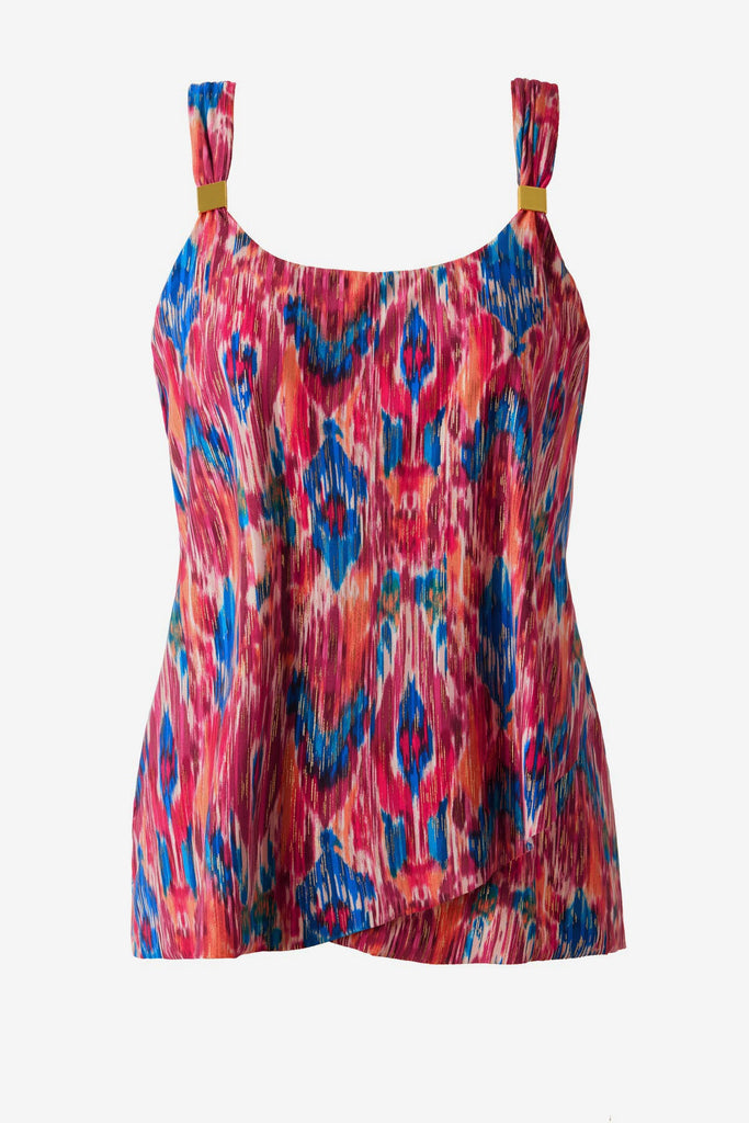 Multicolored tankini top with embellishments on the straps