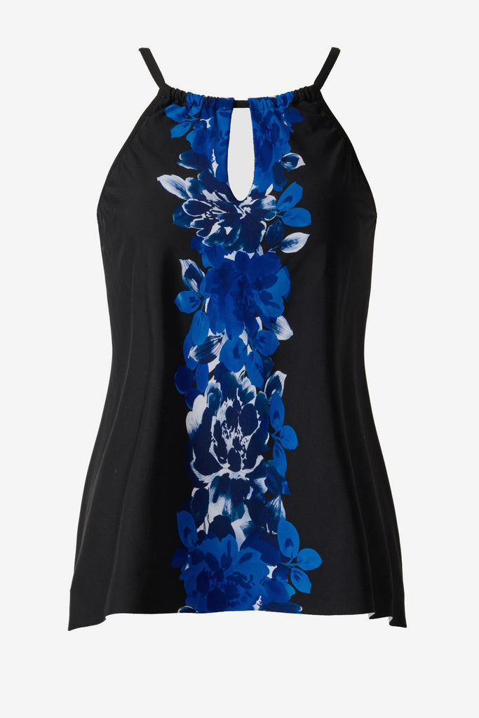 Blue floral print tankini top with peephole neckline