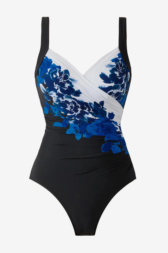Blue floral print one-piece swimsuit with a V neckline