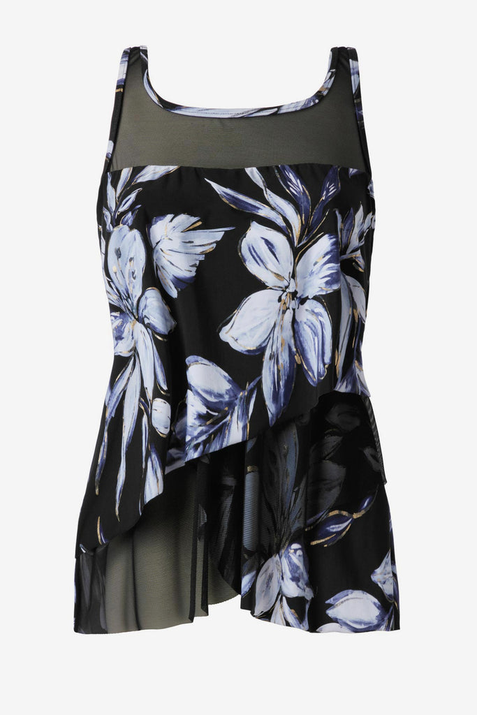 White floral tankini top with mesh details