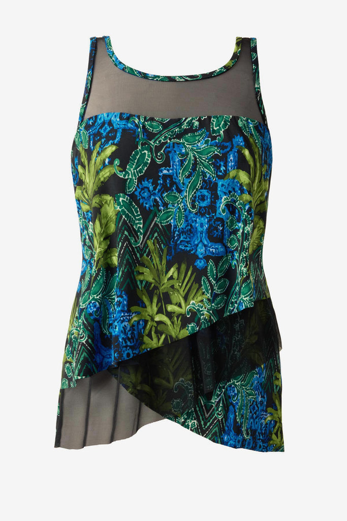 Blue and green abstract print tankini top with mesh details