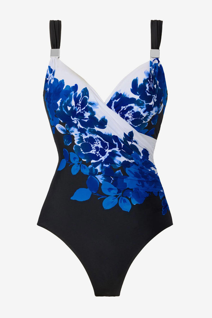 Blue floral printed one-piece swimsuit with silver-tone embellishments on the straps