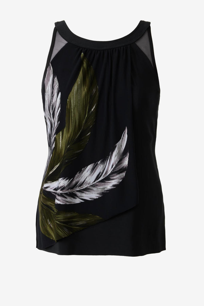 Green and white feather printed tankini top with mesh detail