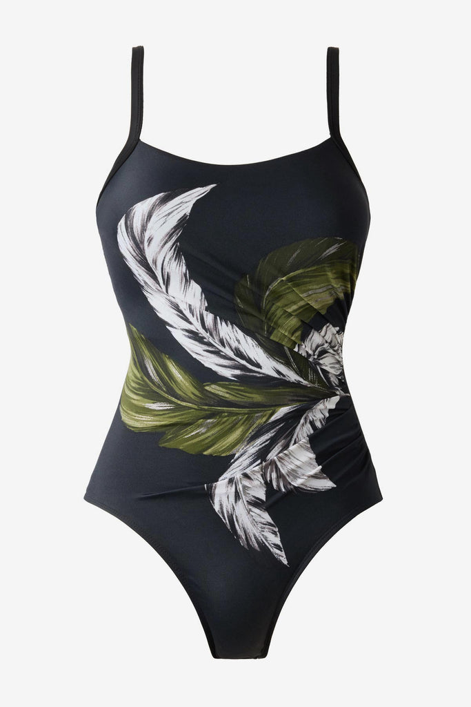 Green and white feather printed one-piece swimsuit