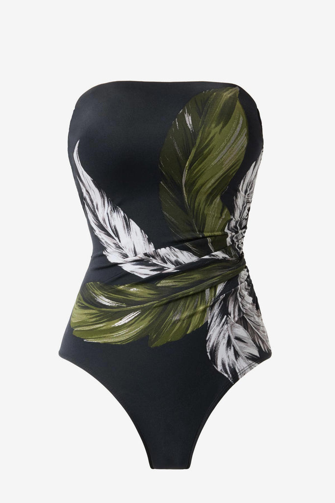 Strapless green and white feather printed one-piece swimsuit