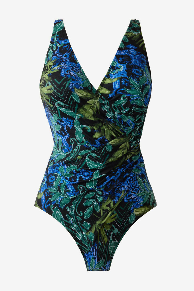 Blue and green abstract printed one-piece swimsuit