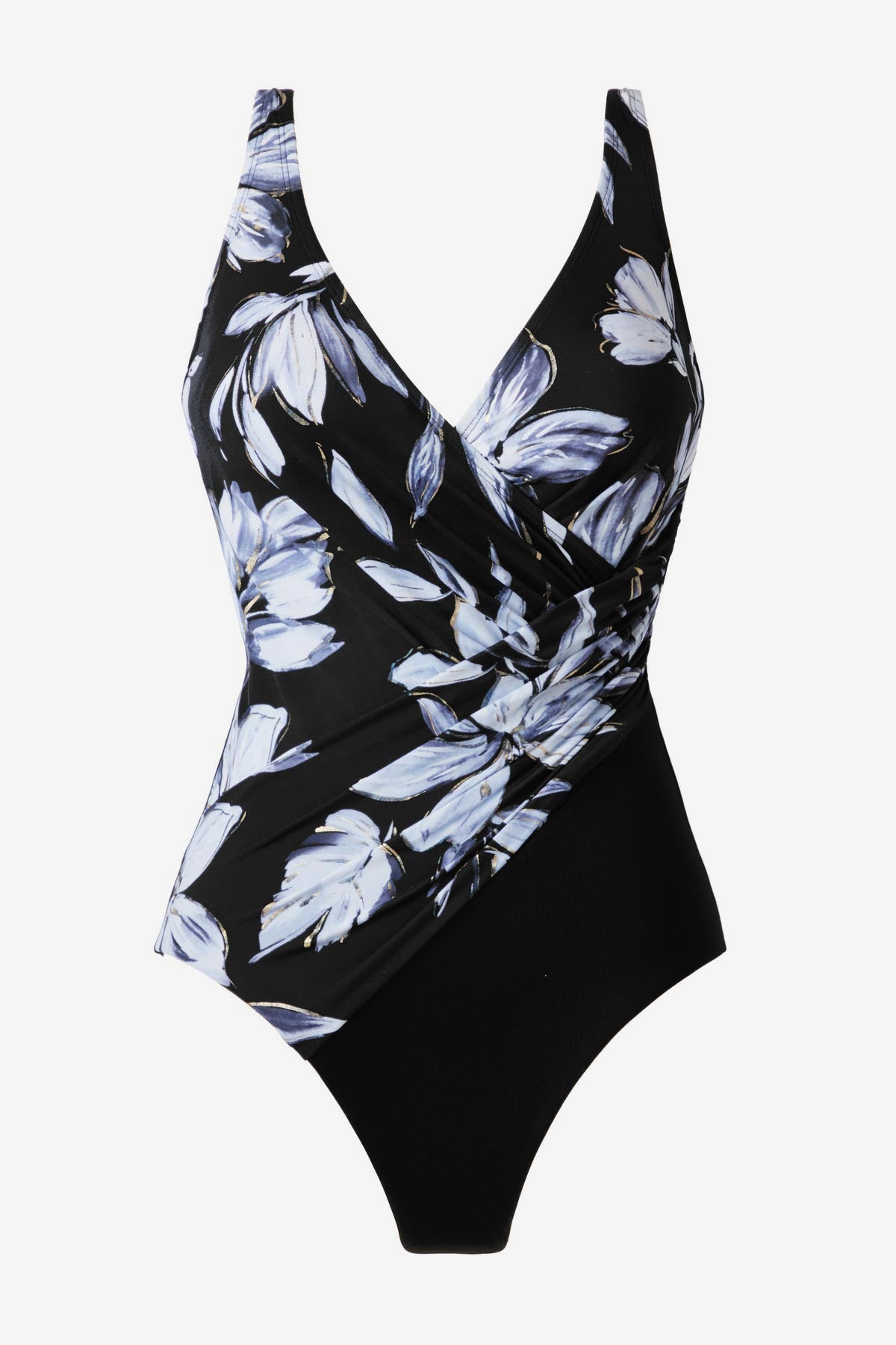 White floral print one-piece swimsuit with a black panel on the side