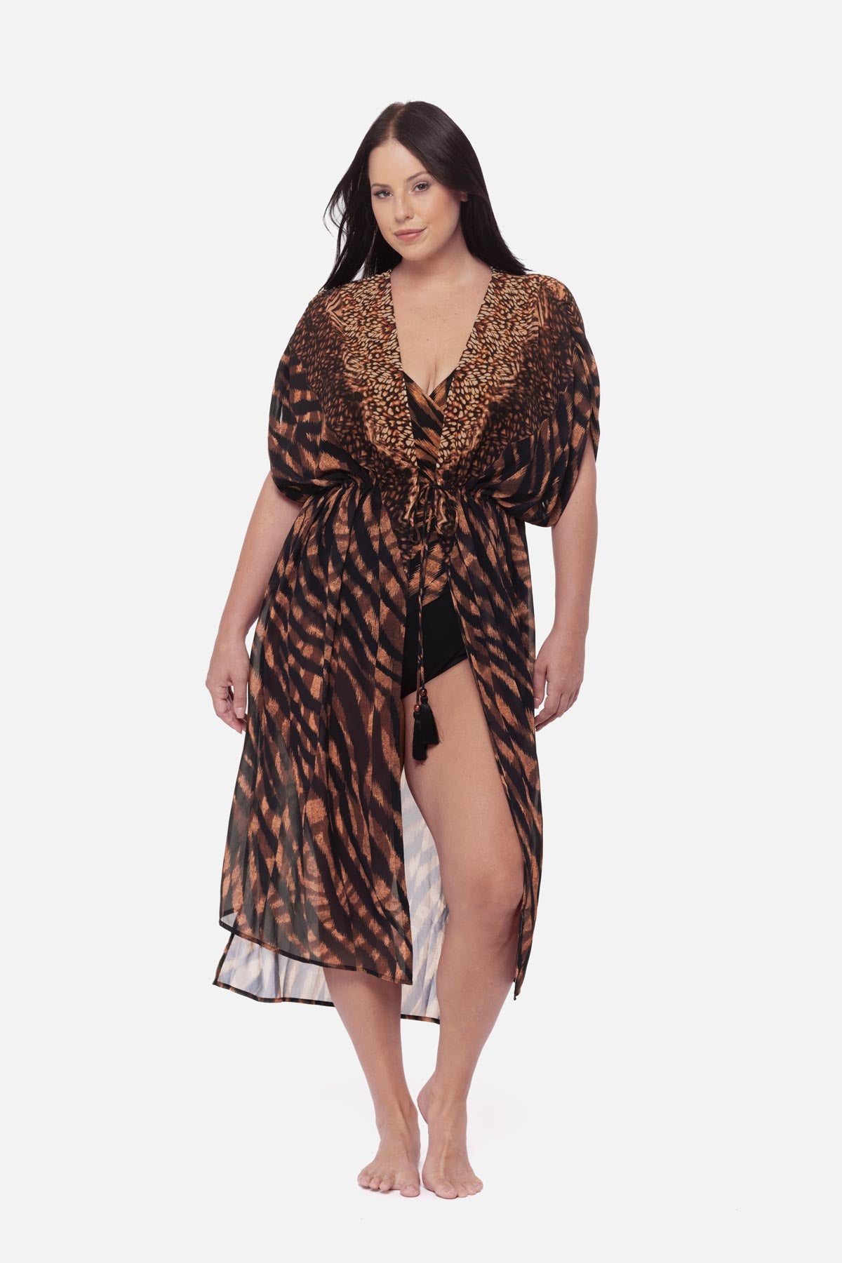 Miraclesuit Women's Plus Size Beaded Kimono Cover Up in Raya de Safari in Black/Brown, Size 2X, Polyester Miraclesuit Women's Plus Size Beaded Kimono Cover Up in Raya de Safari in Black/Brown, Size 2X, Polyester
