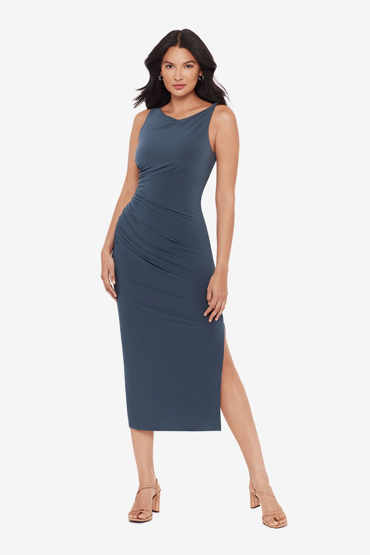 shaper dress bodycon maxi Shaping in Slate Grey – Miraclesuit smoothing fabric clings to