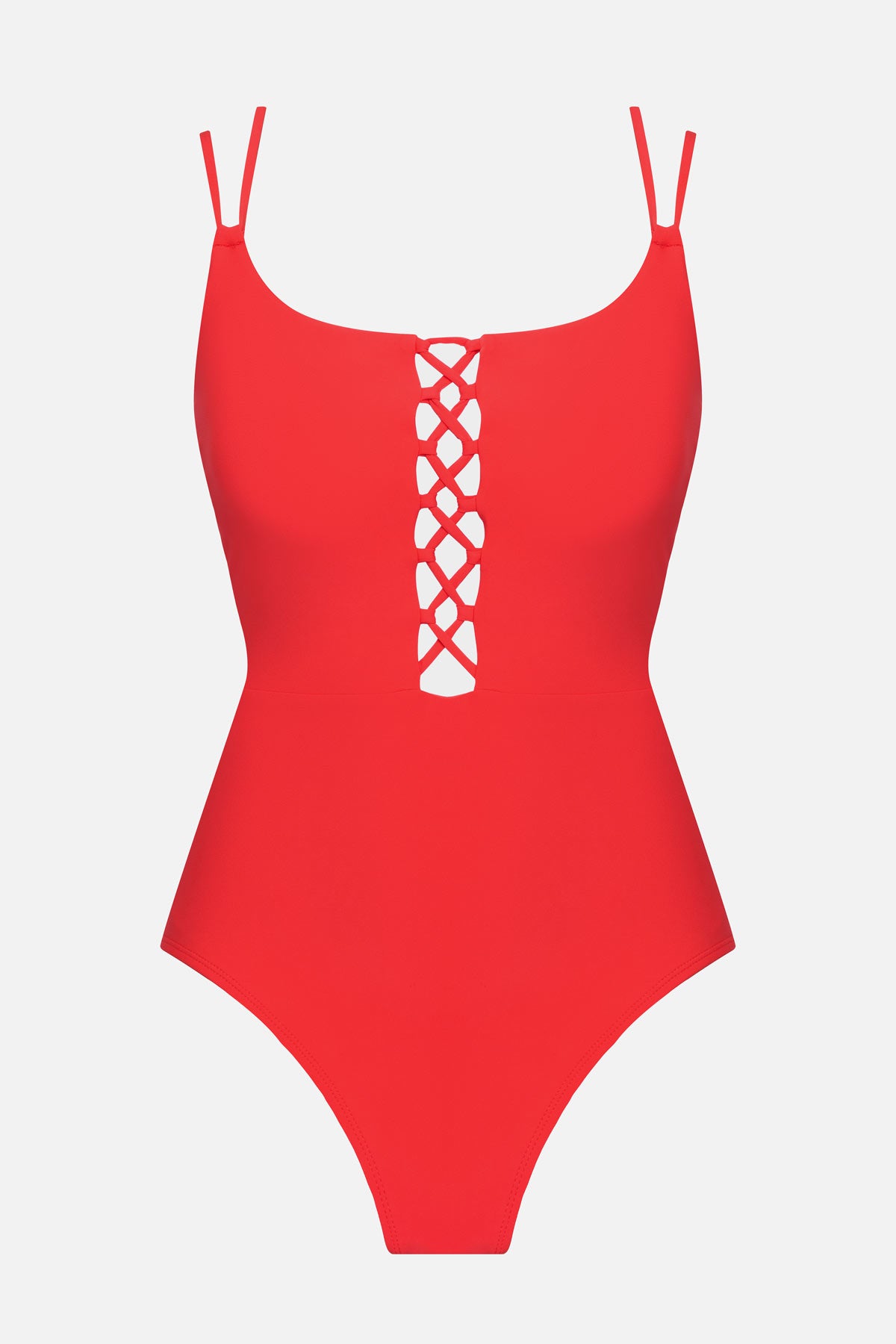 Orange one-piece swimsuit with double straps and lattice front