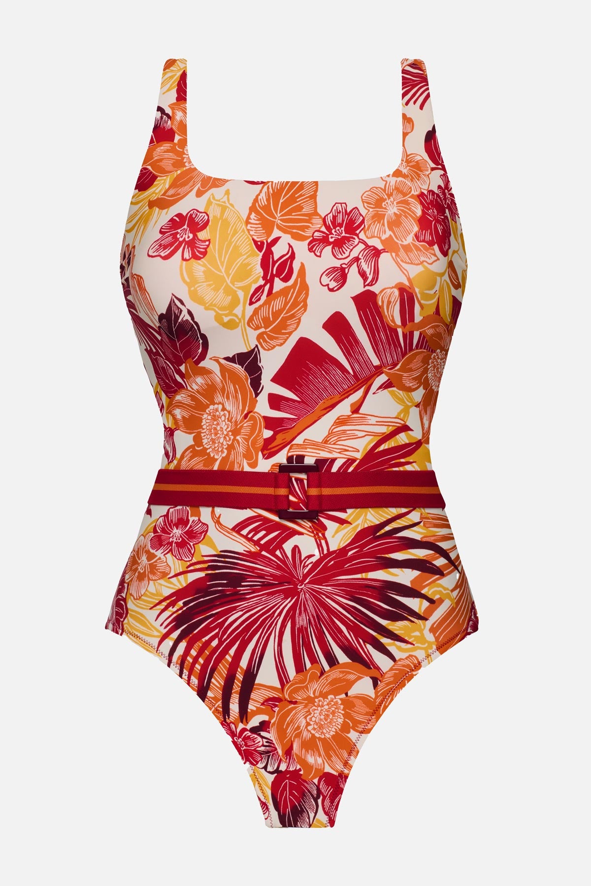 Multicolored palm leaf printed one-piece swimsuit with a belt