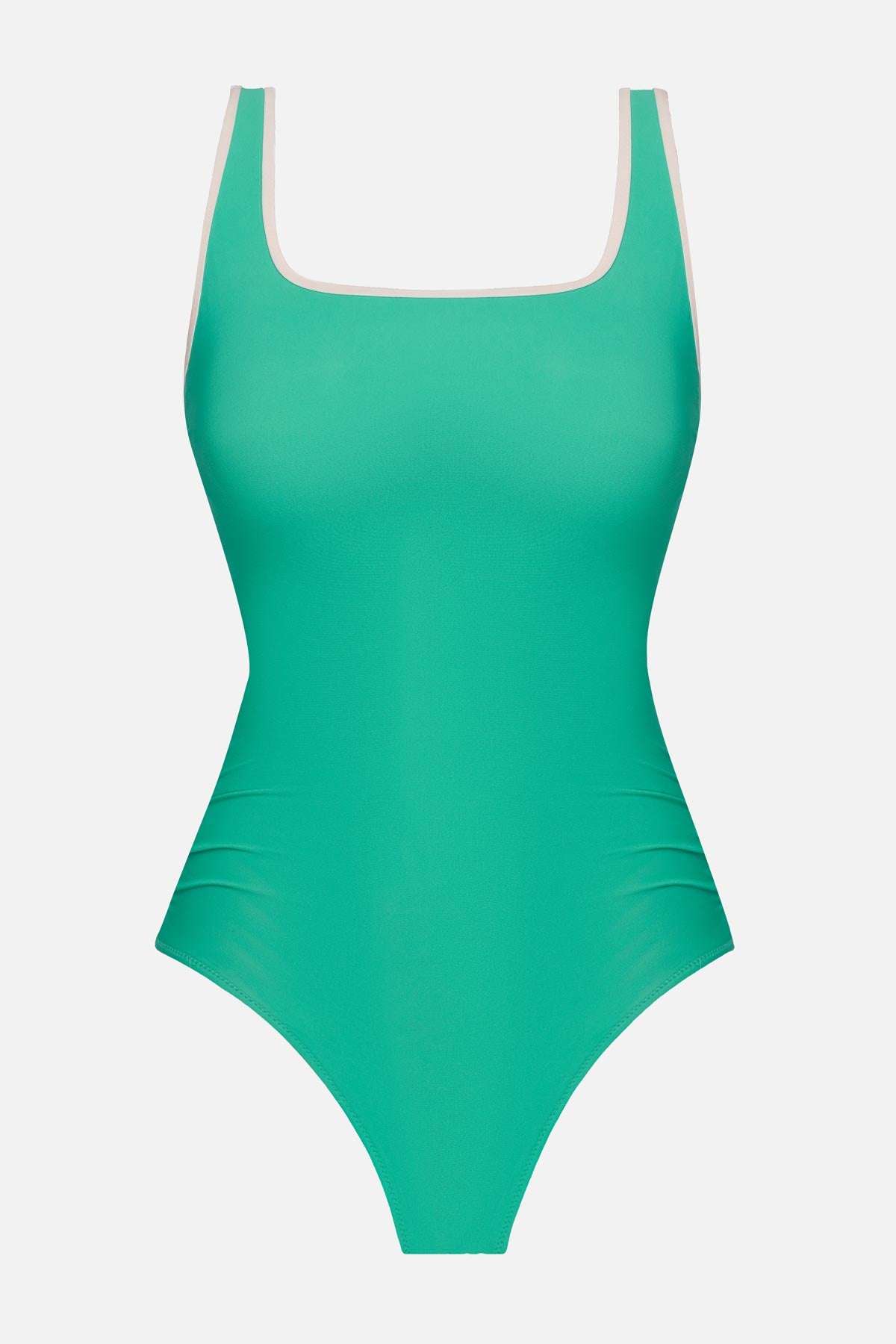 Seafoam green one-piece swimsuit with white piping on the edges