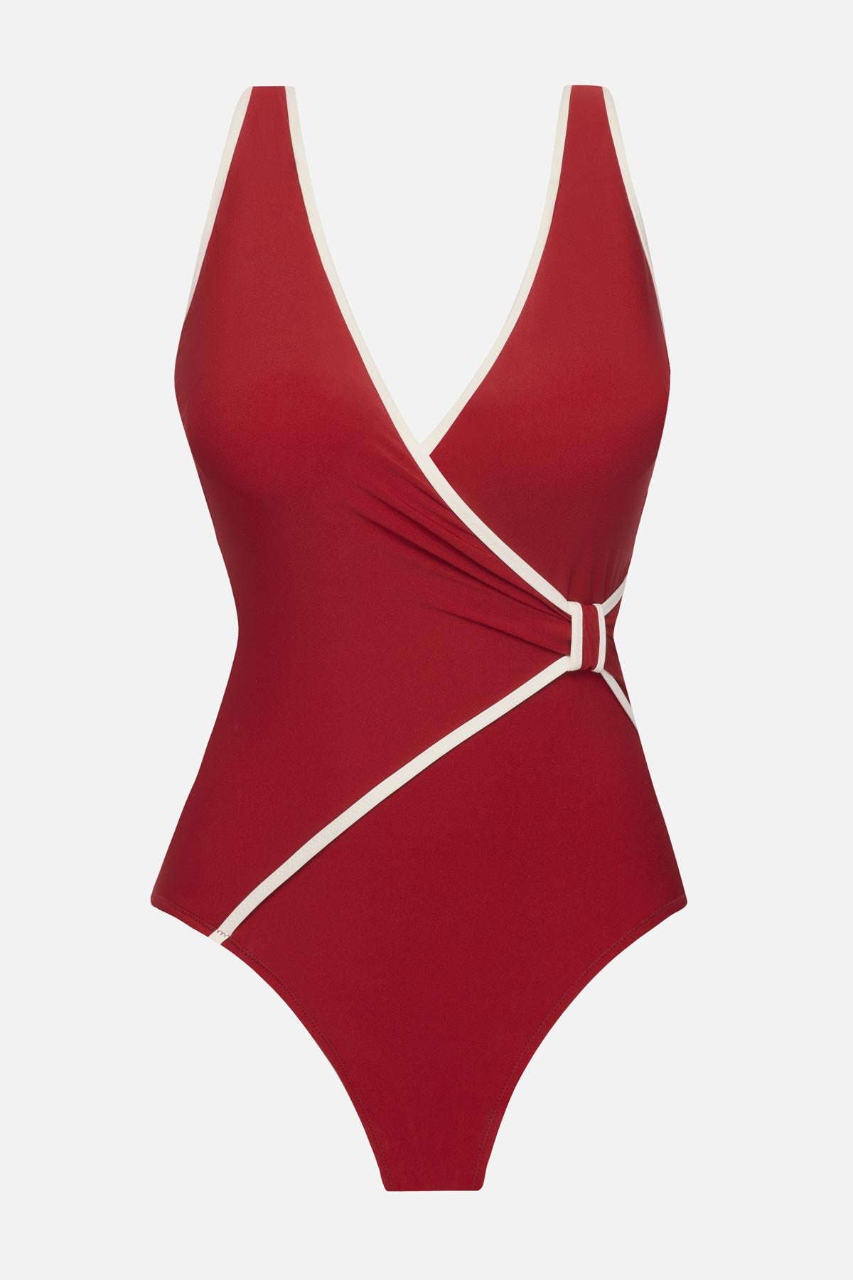 Cherry red one-piece swimsuit with white piping on the edges