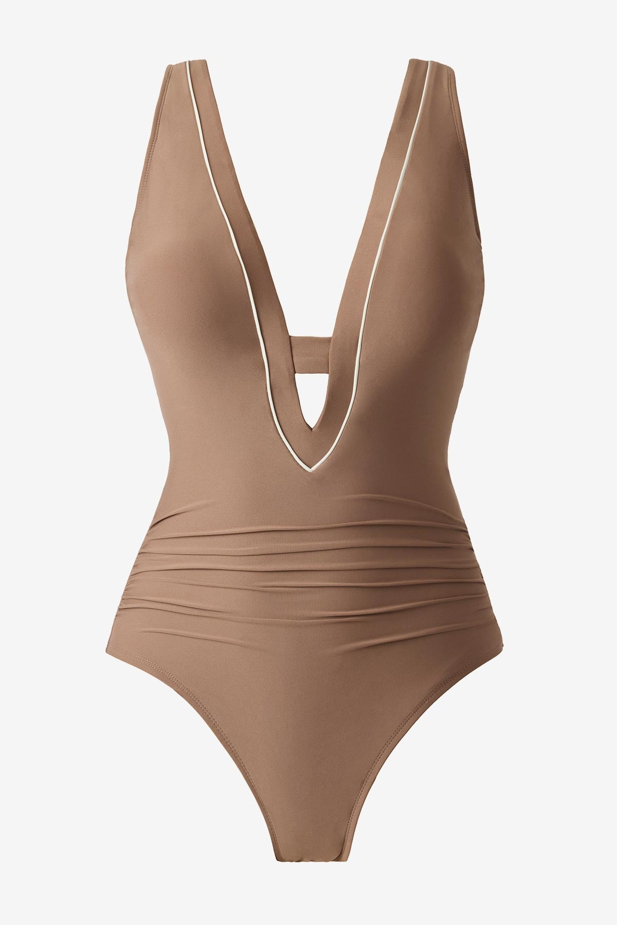 Brown one-piece swimsuit with a deep v-neckline