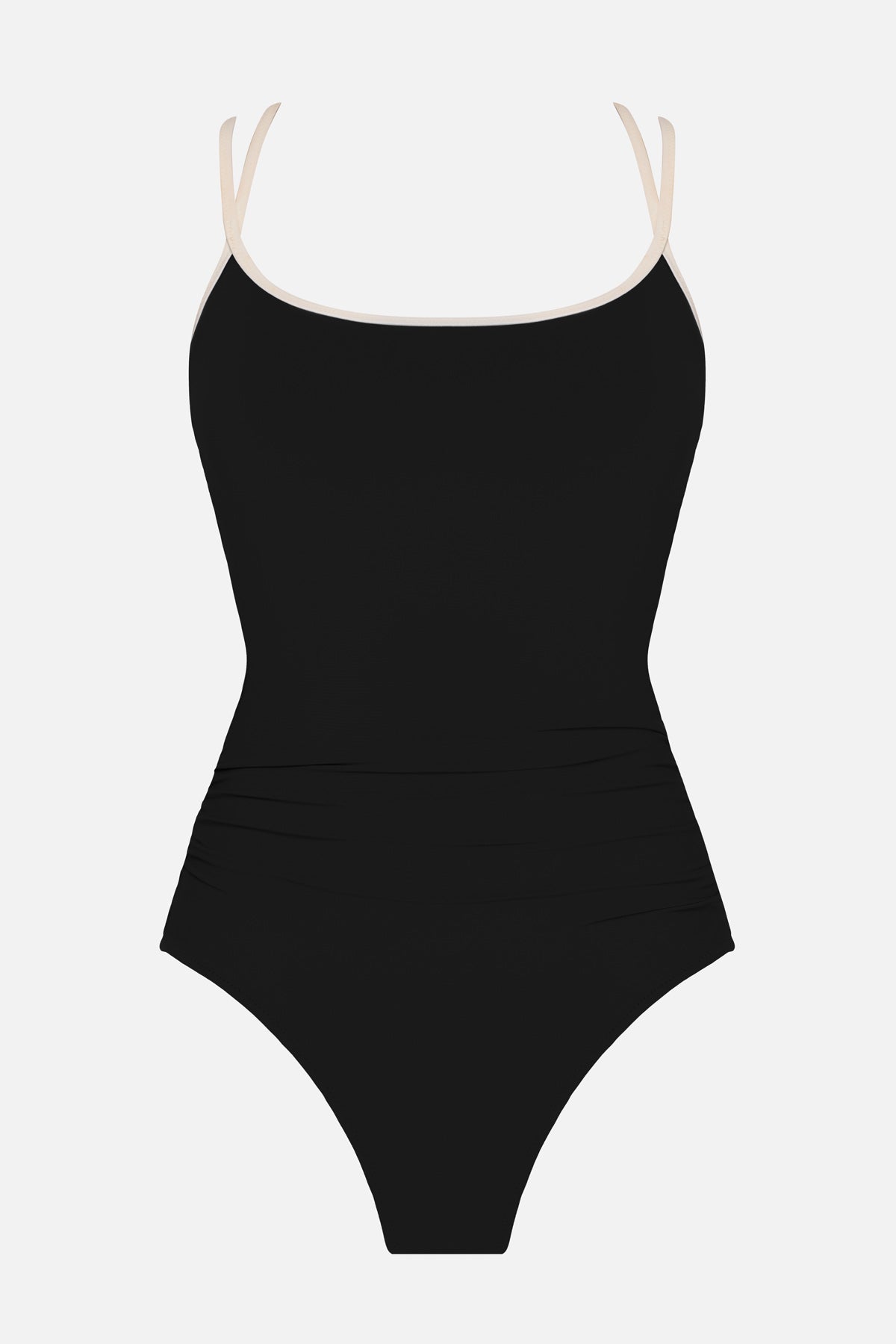 Black one-piece swimsuit with white double straps
