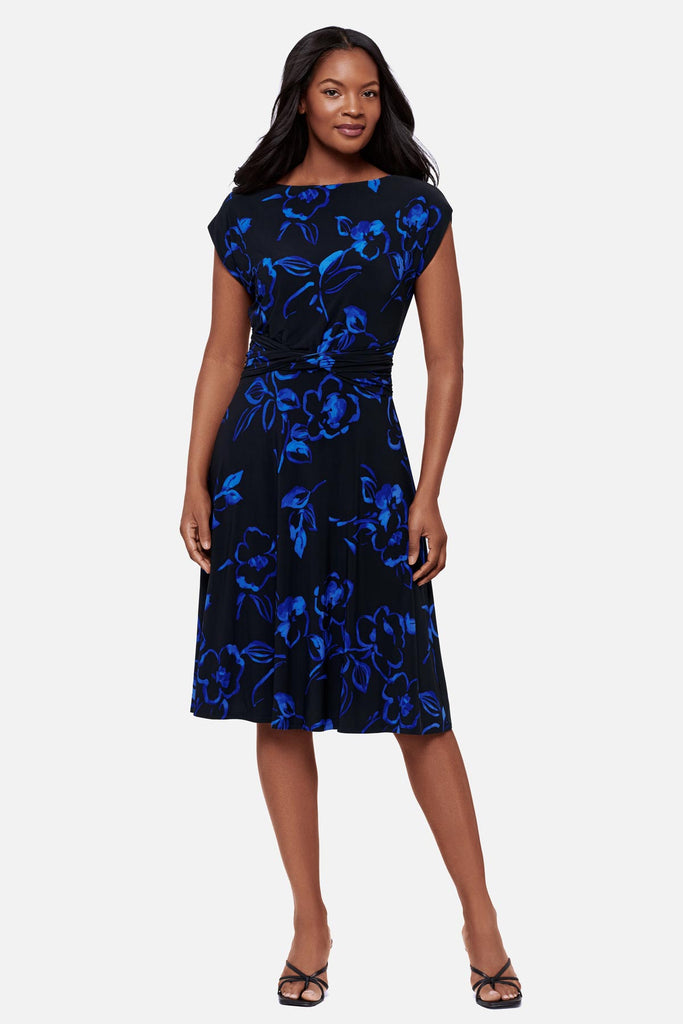 blue calf length dress Blue Polka Dot V Neck Midi Dress
